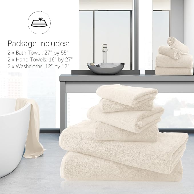 TENSTARS Luxury Silk Hemming Towel Set - Light Thin Quick Drying - 2 Bath Towels 2 Hand Towels 2 Washcloths - Ultra Soft Microfiber Towel for Bath Fitness, Sports, Yoga, Travel (Cream 6 Pieces)