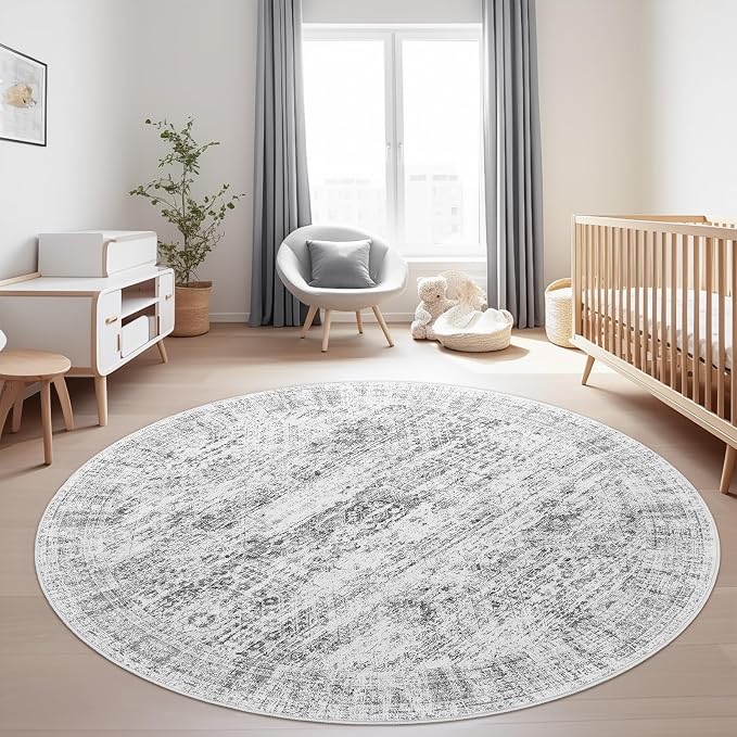 Soalmost 6x6 Grey Round Rug 6ft Circle Living Room Area Rugs Non-Slip | Washable Vintage Indoor Carpet for Dining Bedroom, Low Pile Stain Resistant Foldable Floor Mat Entryway Home Office Decor
