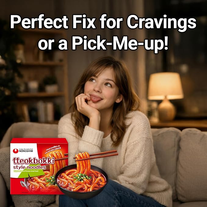 Nongshim Tteokbokki Style Noodles, Sweet & Spicy Korean Ramen, 10 Pack | Tteokbokki-style instant noodles with gochujang-inspired sauce, garlic-red pepper notes, chewy texture