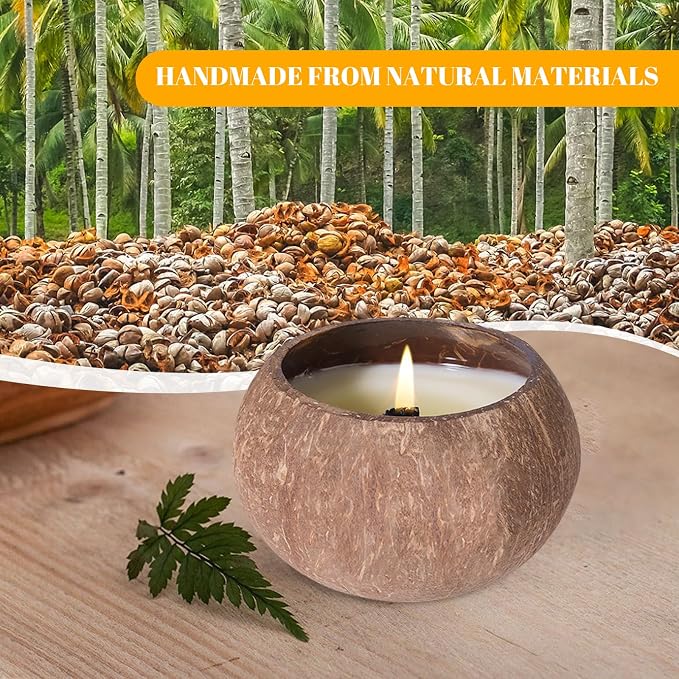 Coconut Shell Scented Candle – 60-Hour Burn, Natural Soy Wax with Essential Oils – Eco-Friendly, Handmade Aromatherapy Candle for Relaxation, Stress Relief & Home Decor (Oakmoss Amber)