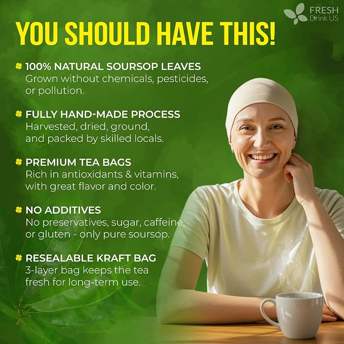FreshDrinkUS, Premium Soursop Graviola Leaf Tea | 45 Tea Bags form Powder, 100% Natural and Pure, Handmade, Made With Natural Materials-Corn Fiber Tea Bag, Sugar/Caffeine Free, Hoja Guanabana Tea