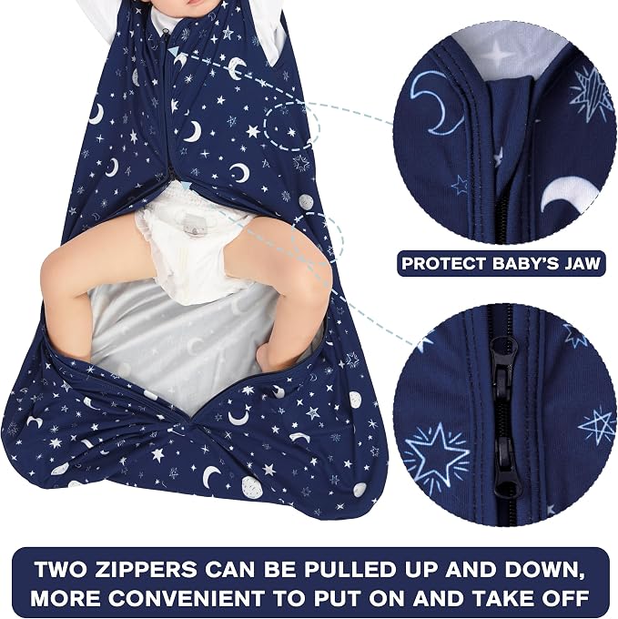 BSTOPPT 3 Pack Baby Sleep Sack 0-6 Months 100% Rayon Cotton Baby Sleeping Bag 2-Way Zipper Toddler Wearable Blankets Comfy Stretchy Lightweight TOG 0.3 （Purple&Clouds&Starry Sky）