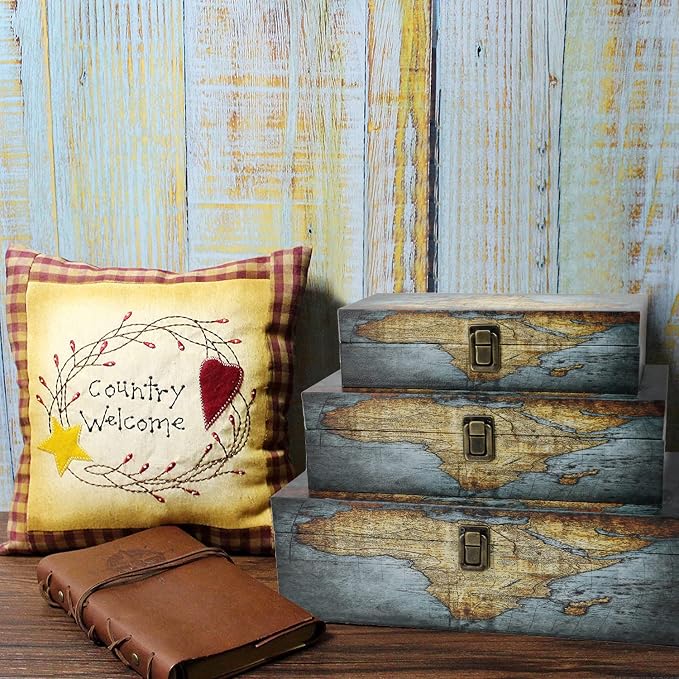 Jolitac Wood Storage Box Set of 3, Vintage Decorative Nesting Boxes Wooden Treasure Storage Crates With Latch, Home Decor Rustic Antique Boxes With Lid for Photos, Jewelry, Cash (Rectangle- Map)