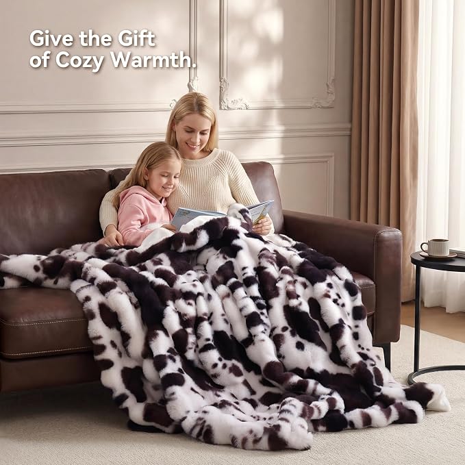 Faux Rabbit Fur Throw for Couch - Cow Brown Bubble Blanket 50"x60" | Fluffy Plush Fuzzy Throw for Sofa & Bed, Super Soft Cozy Comfrt Blanket, Luxury Aesthetic Cow Print Decor Gift for Women