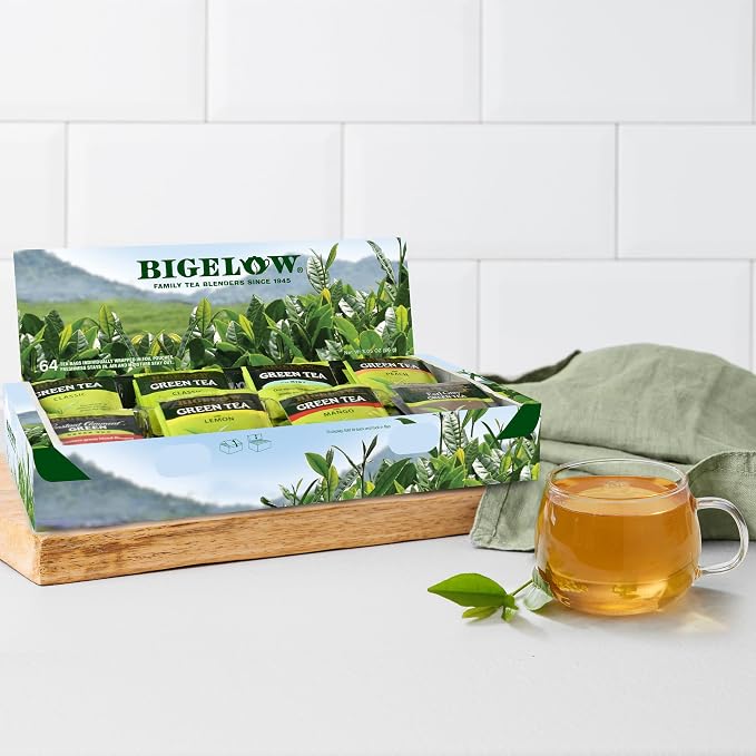 Bigelow Tea Green Tea Assortment, Individually Wrapped Tea Bags with Classic, Decaffeinated, Mint, Peach, Constant Comment, Lemon, Mango, and Earl Grey Teas, 64 Tea Bags (Pack of 1)