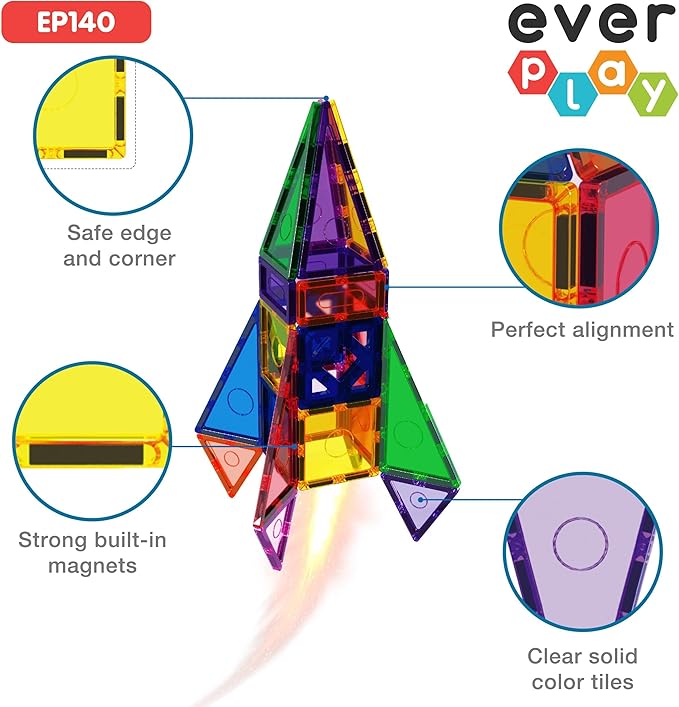 140 pc Castle Rocket Magnetic Tiles with Car Set Building Block Toys STEM Educational Learning Magnet Toy Preschool Montessori Boys & Girls Smart Kit Games Gifts for Age 3+ Kids Toddlers
