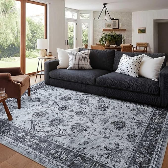 5x7 Ft Machine Washable Area Rugs for Bedroom, Thin Vintage Floral Print Rug Non Slip Carpet for Living Room, Dining Room, Office Home Decor (Grey)