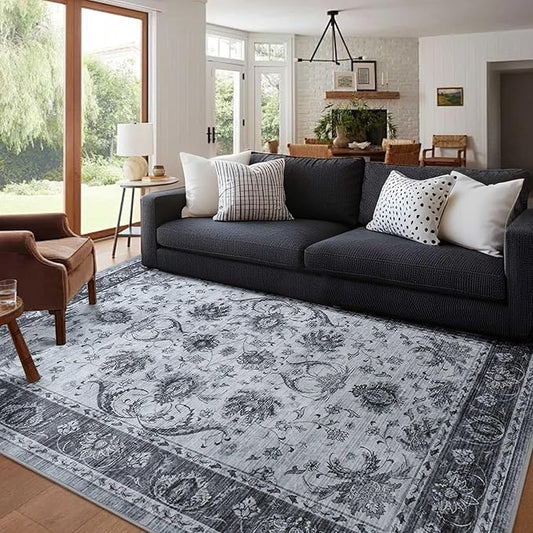 5x7 Ft Machine Washable Area Rugs for Bedroom, Thin Vintage Floral Print Rug Non Slip Carpet for Living Room, Dining Room, Office Home Decor (Grey)