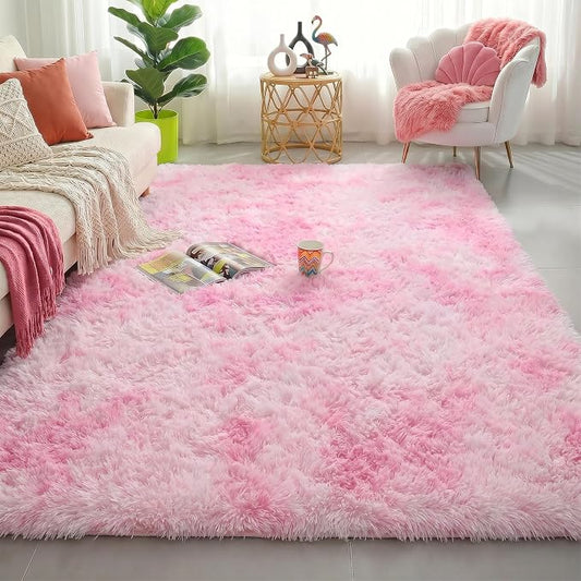 Amdrebio Tie-Dyed Pink and White Area Rugs for Girls Bedroom, Plush Kawaii Fuzzy Throw Princess Rug for Kids Room Playroom, Soft Fluffy Furry Shaggy Carpet for Nursery, 4x6, Cute Room Decor for Baby