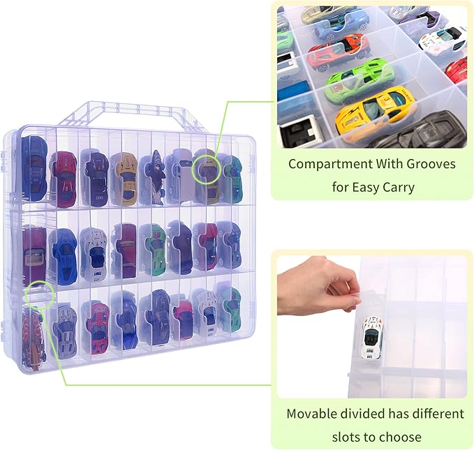 Double Sided Toy Car & Doll Storage Case - 48 Compartments, Portable Transparent Case