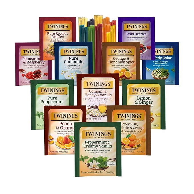 Twinings 48 Tea Bags Herbal Variety Pack – 12 Caffeine-Free Flavors + 20 Honey Sticks, Relaxing Herbal Tea Gift Set for Tea Lovers, Bedtime & Daily Wellness