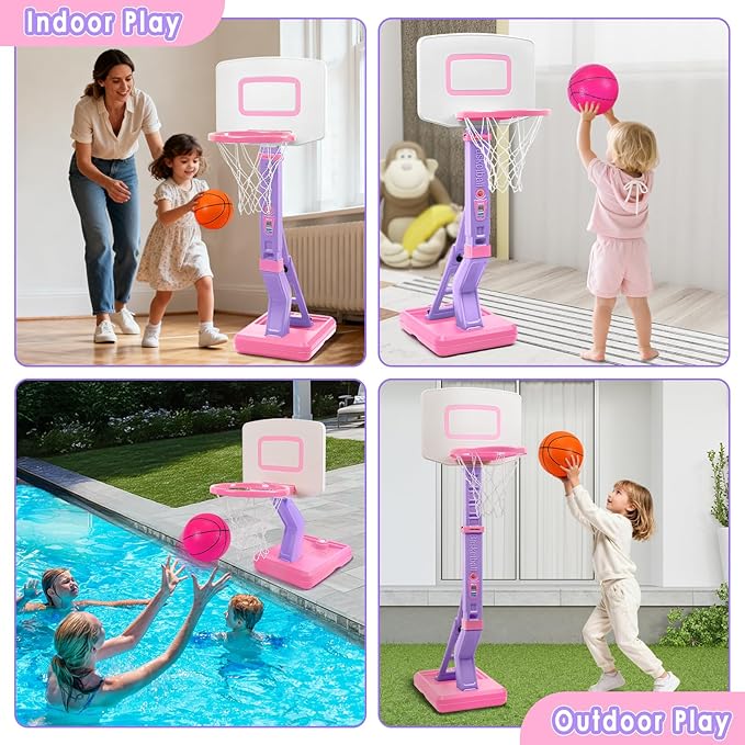 Toddler Basketball Hoop Indoor Outdoor - Height Adjustable 27.6-54 Inches (5 Slots), Kids Basketball Hoop with 4 Inflatable Balls & Pump, Safe Toddler Toys for 1-6 Year Old Boys Girls