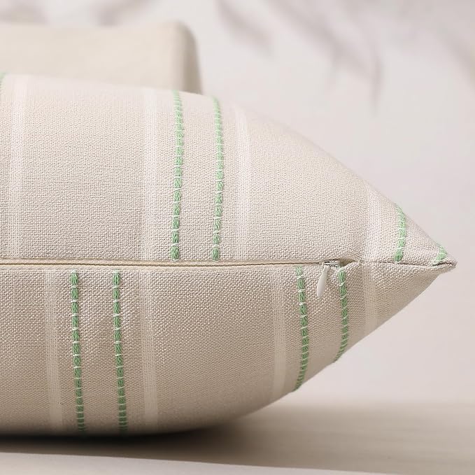 Hckot Stripe Throw Pillow Covers 24x24 Set of 2 Light Green Pillow Covers | Large Farmhouse Decorative Pillows Textured Linen Square Cushion Covers for Sofa Couch Bed Living Room Decor