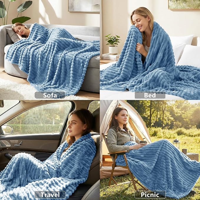 HIMEET Grayish Blue Twin Blanket for Bed, 300GSM Ribbed Fleece, 60 x 80 in | Ultra Soft Flannel, All-Season Lightweight Warmth, Bed Layering Pick & Dorm Essential, Gift for Men & Women, Machine Washable