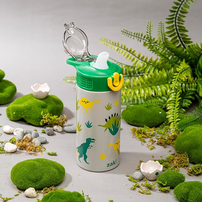 Zak Designs Sage Kids Water Bottle For School, Travel or At Home, 14oz Stainless Steel Water Bottle With Straw, Handle, and Leak-Proof, Pop-Up Spout Cover (Dino)