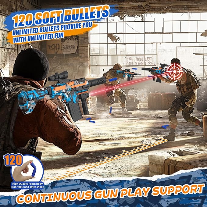 Automatic Toy Foam Blaster with Scope, Electric Toy Gun Dart Blaster with 120 Foam Darts for Nerf Guns, IR, Flashlight, Goggles, Air Pocket Technology Outdoor Shooting Game Kids Toys for 8-12 -Blue