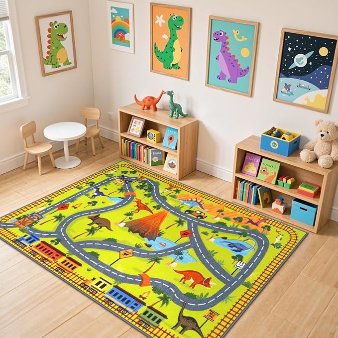 LIVEBOX 5x7 Dinosaur Adventure Rugs for Boys Bedroom,Non Slip Playroom Kids Car Track Rug Collection Safari Road Map,Educational & Game Play Carpet for Kids Room Classroom Living Room