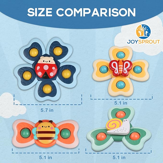 4Pcs Spinning Baby Bath Toys 12-18 Months, Suction Cup Spinner Toys for Baby, Silicone Spinners Sensory Toys for Toddlers 1-3, Airplane Car Travel Table & Window Toy for Infant