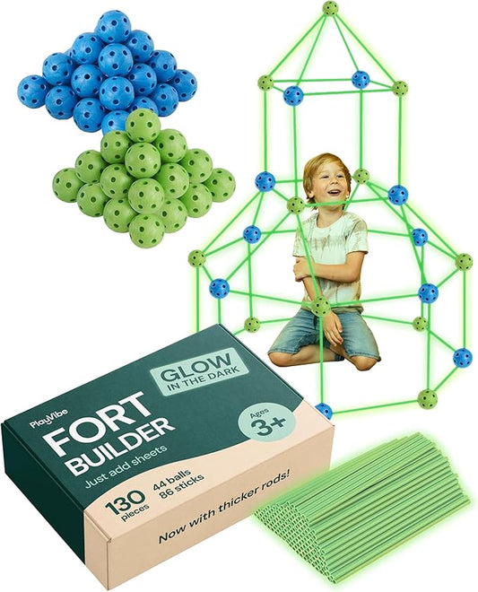 PLAYVIBE Glow in The Dark Fort Building Kit - Blue, 130 Pieces - STEM Learning with STEM Toys - DIY Clubhouse Construction - Indoor & Outdoor Play with Indoor Fort Building Kit