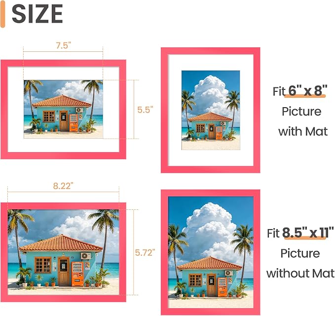 upsimples 8.5 By 11 Picture Frame, Display Pictures 6x8 with Mat or 8.5 x 11 Without, Wall Hanging Photo Frames, Hot Pink, 1 Pack