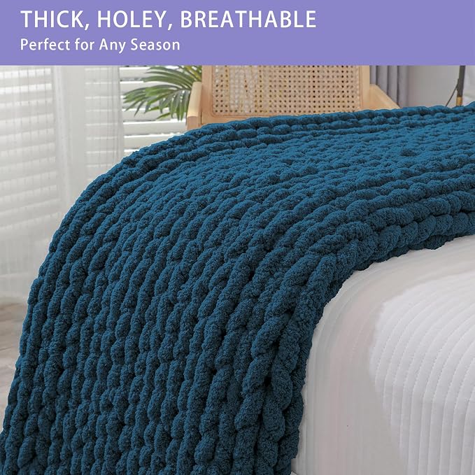 Bigacogo Chunky Knit Throw Blanket for Couch, 40x40 inches, Deep Sea Blue | Hand Knit with Jumbo Chenille, Soft Breathable Cable Knit for Sofa Bed Living Room, Machine Washable, Gift for Mom Friend
