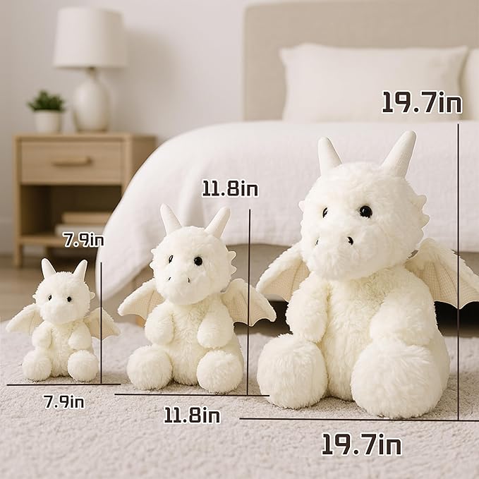 Soft Little Flying Dinosaur Stuffed Plush Pillow, Adorable White Dragon Plush Toy and Birthday Present for Kids, Adults and Collectors(White/19.7in)