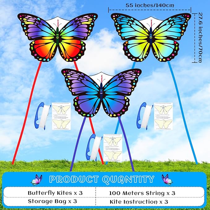 Silipull 3 Pcs Butterfly Kite 55" x 28" Large Kites with 328ft Kite String Beach Colorful Kites for Adults Beginner Outdoor Supplies (Rainbow and Blue Purple)