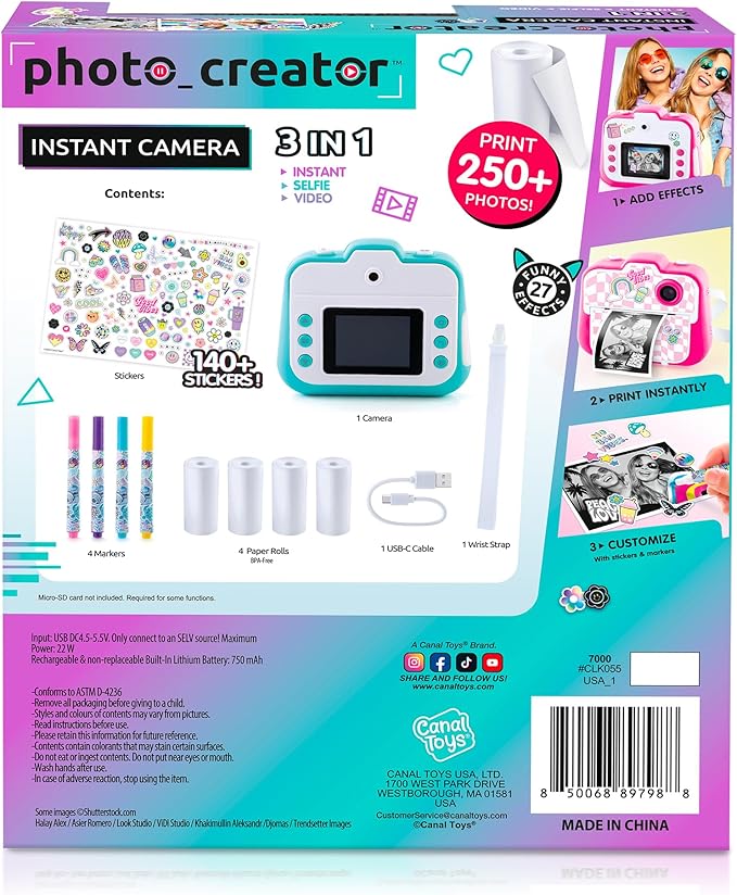 Photo Creator 3-in-1 Instant Camera for Kids – Pink; Camera, Instant Printer & Photo Booth with Fun Frames & Filters