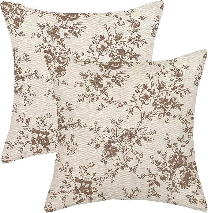 Brown and Cream Flower Pillow Covers 18x18 Set of 2 Chinoiserie Floral Decorative Throw Pillows Vintage Toile Flower Pillowcase Linen Outdoor Farmhouse Cushion Cover for Couch Sofa Decor
