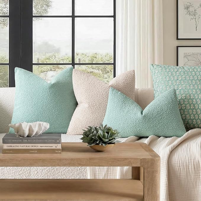 Foindtower Pack of 2 Textured Boucle Throw Pillow Covers Accent Solid Decorative Pillow Cases Cozy Woven Couch Cushion Case for Chair Sofa Bedroom Living Room Home Decor 20x20 Inch Aqua Blue