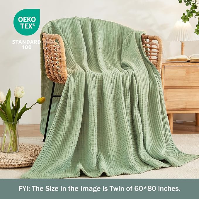 EMME Muslin Blankets for Adults Throw Blanket for Couch Breathable Gauze Soft Lightweight Airy Sage Green Twin 60" x 80"
