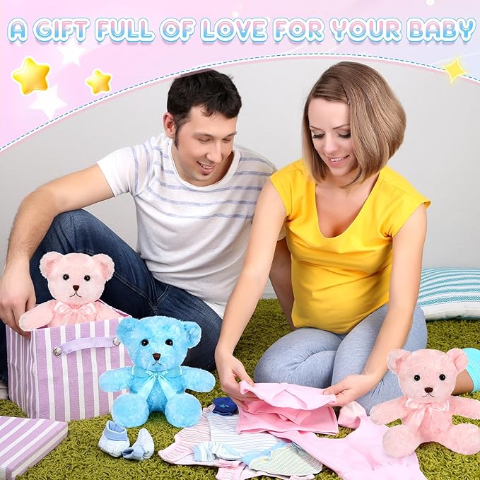 HyDren 24 Pcs Bear Bulk Plush Stuffed Animals 10 Inch Cute Soft Stuffed Bear with Green Bow for Baby Shower Birthday Gift Party (Pink, Blue)