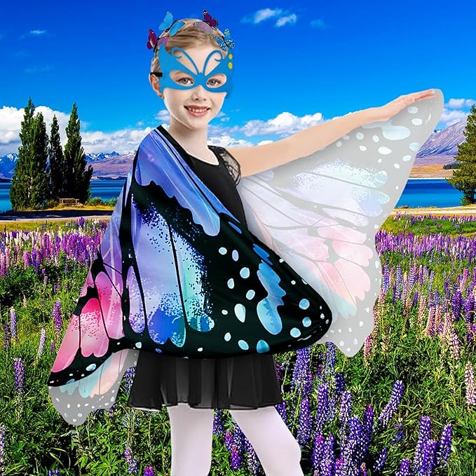 Kids Butterfly Wings Costume for Girls Fairy-Wings Mask Party Favors Gifts (Blue Red sets)