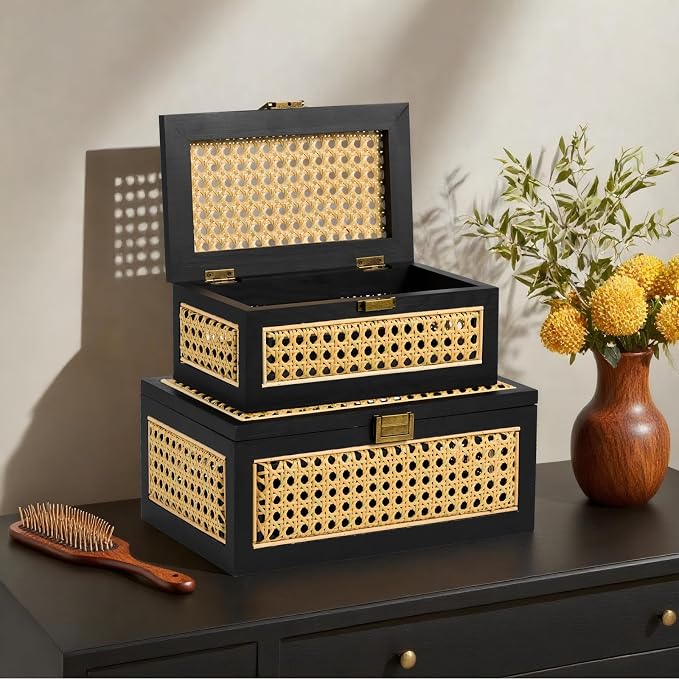 Rattan Storage Boxes Decorative Handmade Natural Wood Baskets | with Lid & Wooden Frame, Boho Rustic Wicker Stacking Woven Cane Bins, Shelf Closet Desk Organizer Container, Black, Large