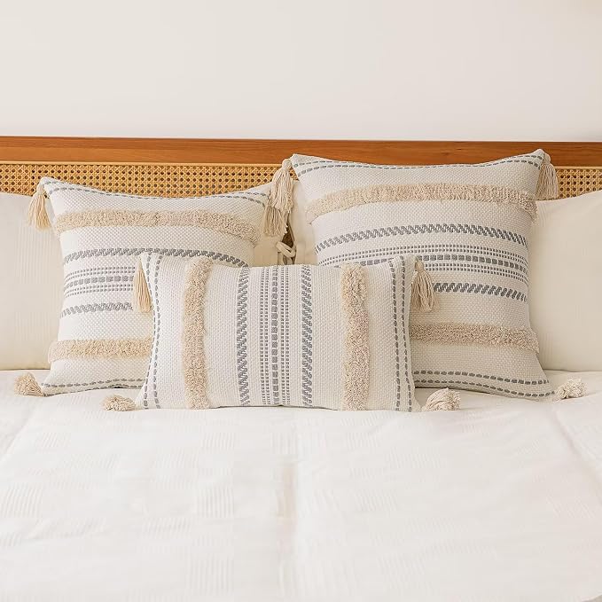BUIOVBEY Boho Throw Pillow Covers Woven Tufted Pillow Cases with Tassels | Farmhouse Pillow Covers 18x18 Set of 2 Textured Striped Cushion Case Neutral Decorative Pillowcase for Sofa Couch Bed Khaki