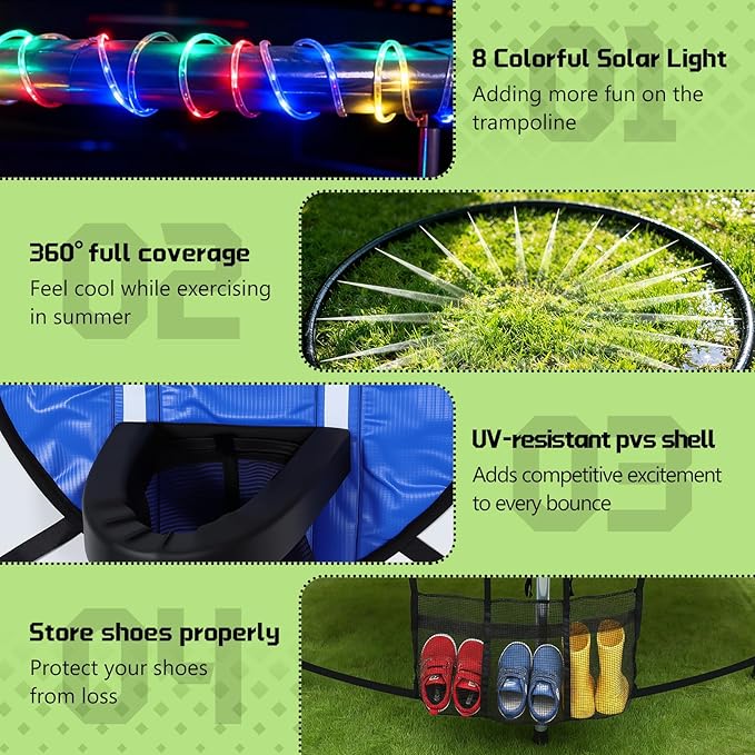Trampoline Accessories Kit, Basketball Hoop with 3 Mini Basketballs, 52FT Solar Lights Fit 8 10 12 14 15 16FT Trampoline Outdoor 8 Lighting Modes, Trampoline Accessories Kit with Sprinkler & Shoe Bag