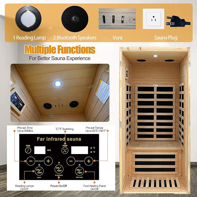 Far Infrared Sauna 1 Person Infrared Sauna Room Canadian Hemlock Wooden Sauna for Home, 1300W Low-EMF Indoor Saunas with Control Panel, Bluetooth Speakers, LED Reading Lamp, Tempered Glass Door
