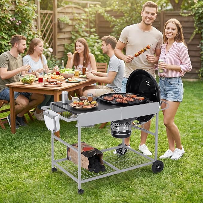 HAPPYGRILL Outdoor Grill Table w/Storage for 18”& 22” Weber Original Kettle | Movable BBQ Grill Cart with Wire Rack, Seasoning Rack & Garbage Can, Prep Kitchen Island for Backyard Camping Picnic
