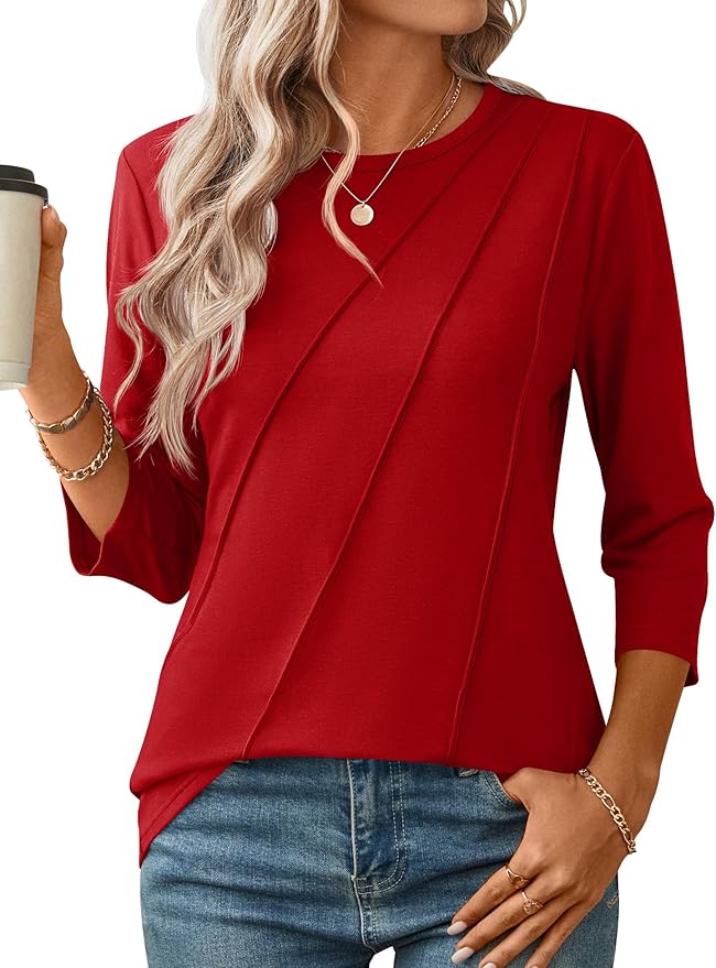 LOMON 3/4 Length Sleeve Womens Tops Spring Summer Fashion 2026 Tops Crew Neck Pleated Shirts Tunic Top Loose Fit