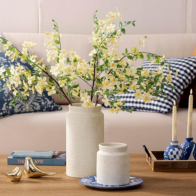 Ceramic Flower Vase 7.5 inch Farmhouse Rustic Vase for Home Decor Handcrafted Pottery Terracotta Vases for Dining Table Decor Fireplace Living Room Bathroom Wedding Centerpiece (M-Off White)