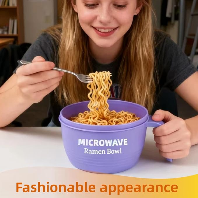Layron Ramen Cooker Bowl - 45 oz Microwaveable Noodle Bowl Ramen in few Minutes- BPA Free and Dishwasher Safe Set with Chopsticks Perfect for Dorm, Small Kitchen, or Officee (purple)