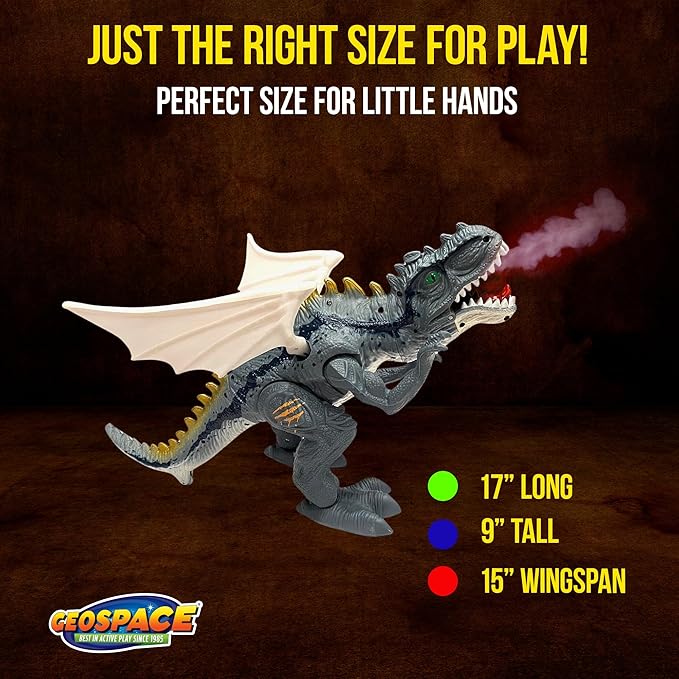 Geospace New Dragon Walking Dinosaur Toy – Smoke Breathing Fire Dragon Toy for Kids 3 & up, Walking Dinosaur Toys with Lights, Roaring Sound, Dragons Action Figure, Dragons for Gift (T-Rex)