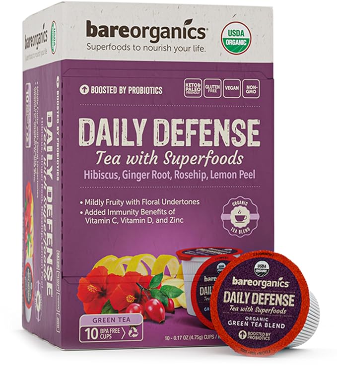 BareOrganics Daily Defence Tea - Organic Tea Pods for Keurig with Superfoods and Probiotics, Green Tea K Cups, 10ct single serve Cups