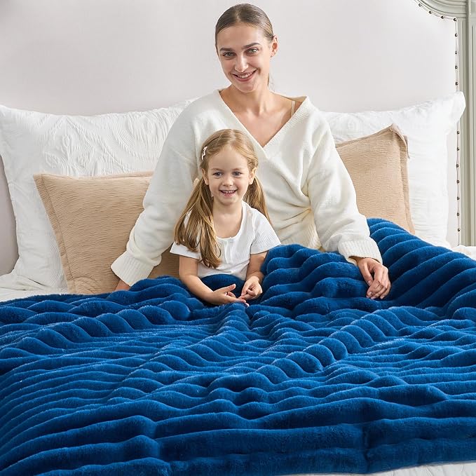Cozy Bliss Faux Fur Throw Blanket for Couch, Cozy Warm Plush Striped Blanket for Sofa Bedroom Living Room, 108 * 90 Inches Navy Blue