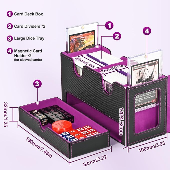UAONO Card Deck Box for MTG, Double Card Storage Box with 2 Commander Display & 1 Dice Tray, Fits 200+ Double Sleeved Cards, Organizer for CCG TCG Sports Cards (Black Purple)
