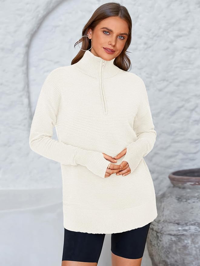 PRETTYGARDEN Womens Long Sleeve Quarter Zip Pullover Sweater Casual Loose V Neck Collared Ribbed Knit Jumper Tops Thumb Hole