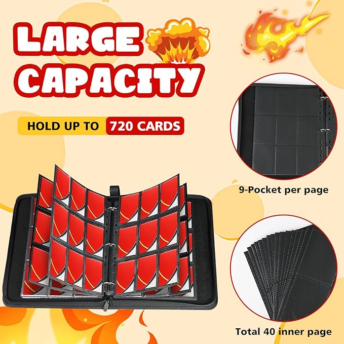 9 Pocket Card Binder for Pokemon Card, 720 Pockets Card Binder Holder with 40 Removable Sleeves, 3-Ring Zip Design Trading Card Albums for MTG/TCG/Sport Collectible Gifts for Boys and Girls (Red)
