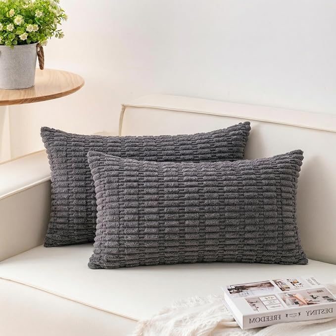 Pack of 2 Corduroy Decorative Throw Pillow Covers 12x20 Inch, Dark Grey | Fall Soft Striped Pillow Covers Modern Farmhouse Home Decor Christmas Throw Pillow Covers for Sofa Living Room Couch Bed