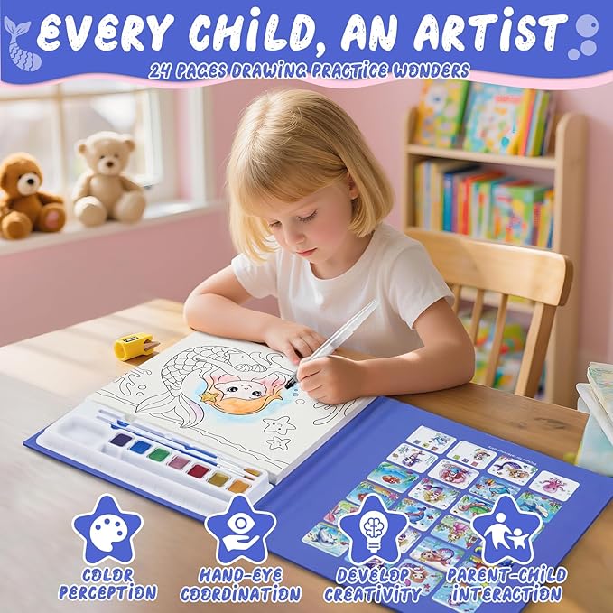 CHICAUP Paint with Water Coloring Books for Kids, Mess Free Watercolor Painting Kit Painting Activity for Kids Ages 3-5 4-8, Arts Crafts Drawing Gift Toy for Boy Girl (Blue)