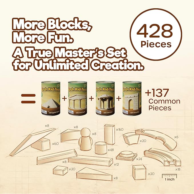Taksa Toys Arch•Kid•Tech® The Master's Set– Architectural Building Blocks Set for Learning History and Ancient Building Techniques